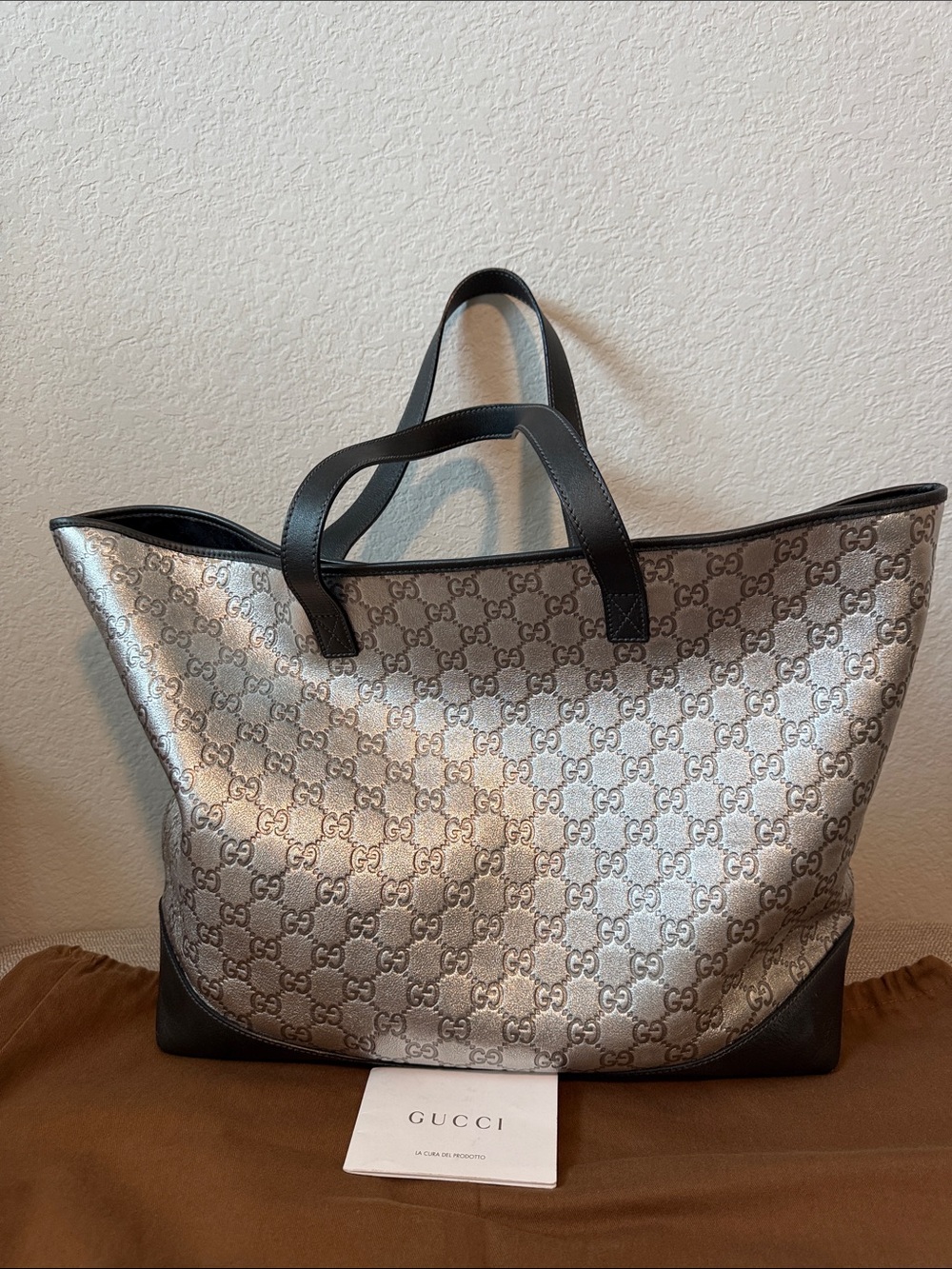 Gucci Metallic Silver GG Monogram Tote with Black Trim
